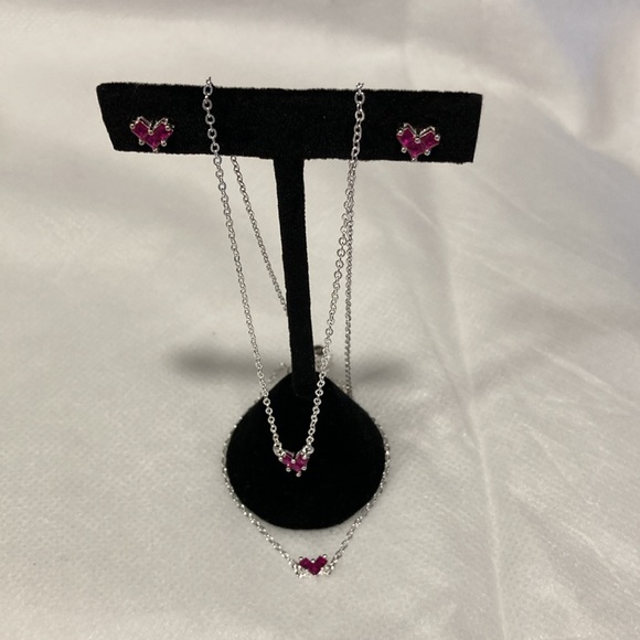 NWOT - Tibetin Silver Mini Heart Pink Crystal Necklace, Earrings & Bracelet Set - Picture 4 of 16